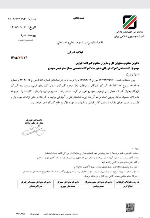 ابلاغیه گمرک