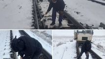 برف‌ روبی و یخ‌ زدایی سوزن‌ ها ریل راه آهن قم 